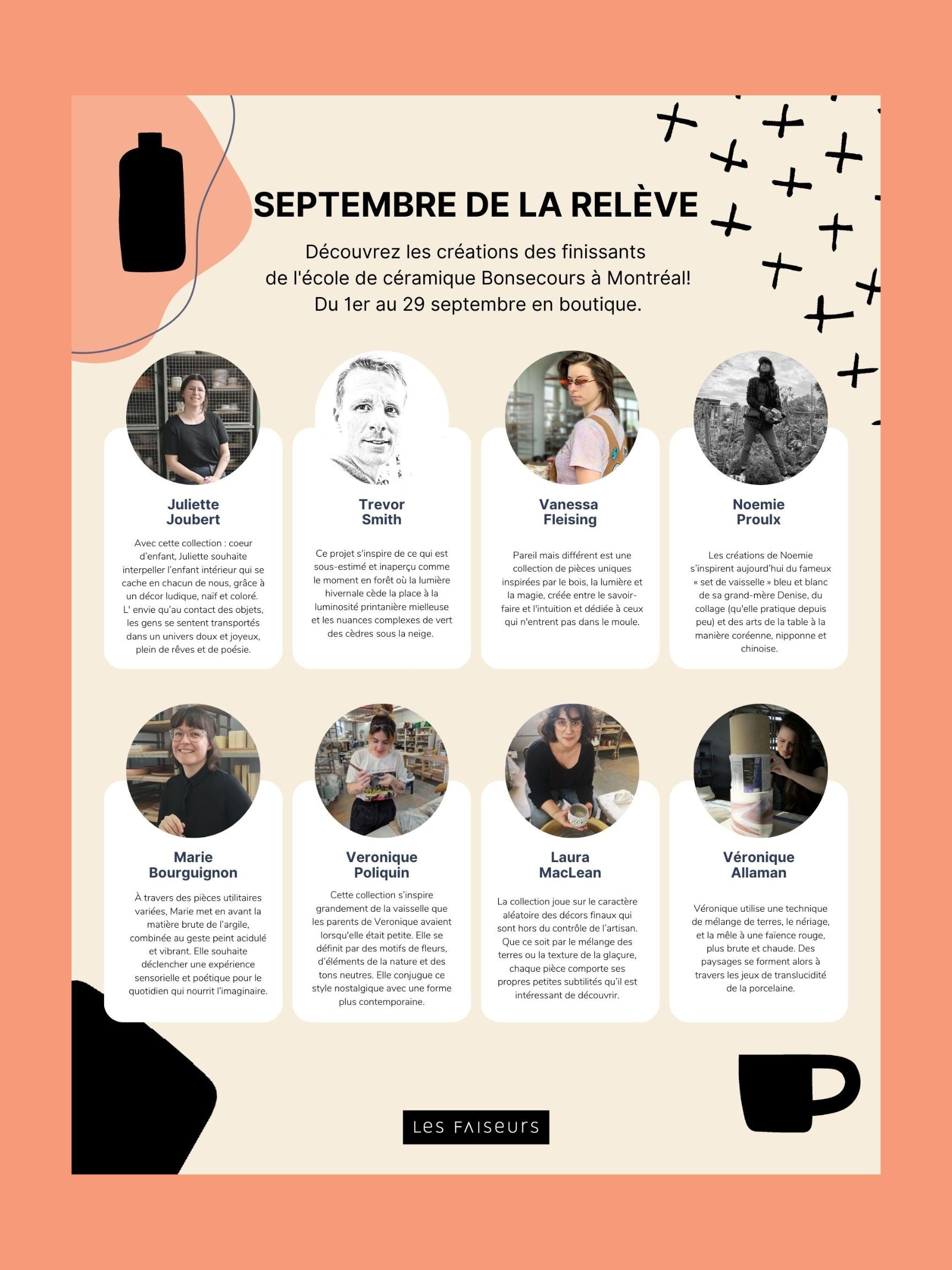 Une liste d'artisans céramistes incluant leurs portraits. Ce sont des finissants en école de céramique.